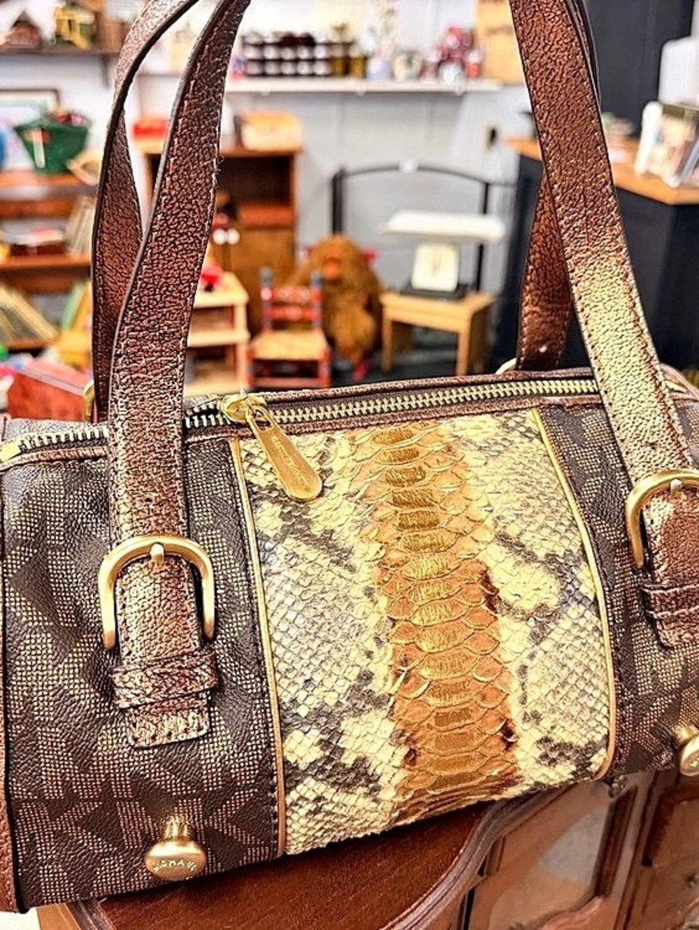 Michael Kors Grayson Satchel Animal Print Brown & Gold